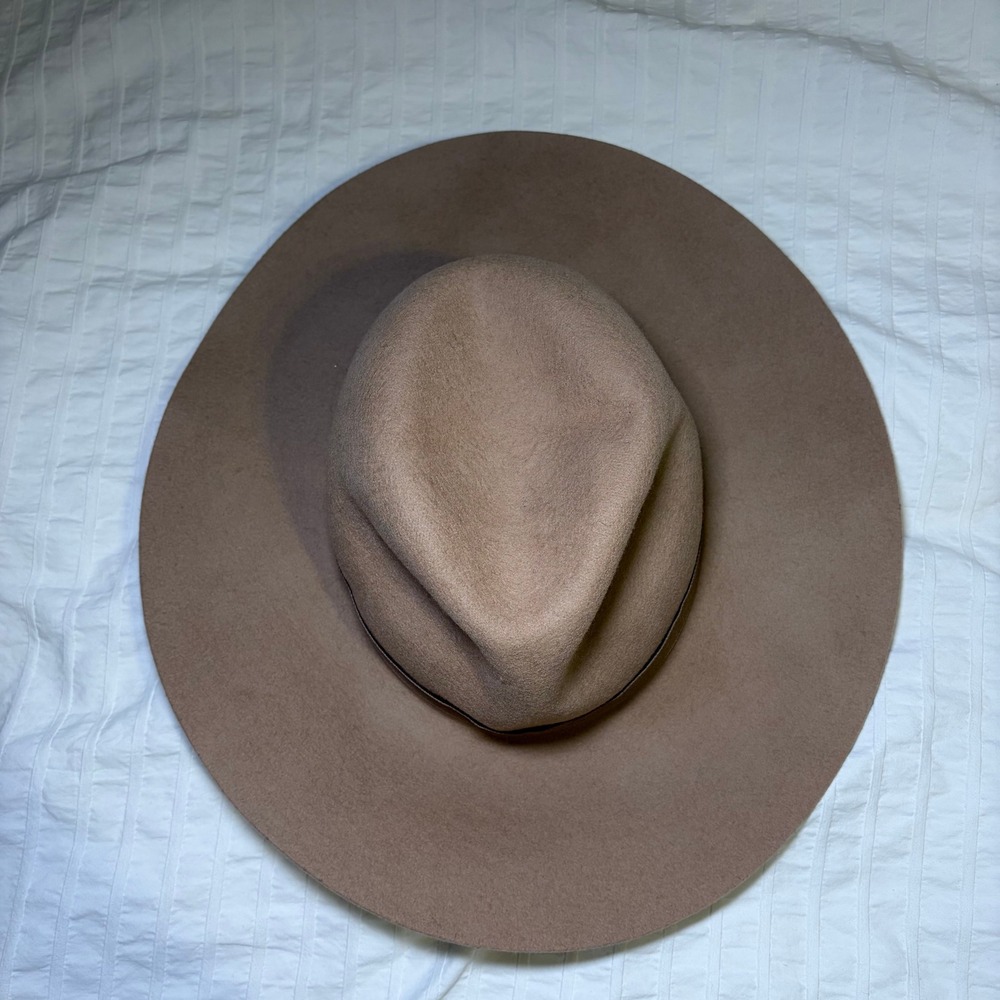 Wide Brim Fedora Women OS Taupe Tan Wool Felt Boho‎ Floppy Hat Ribbon - Picture 2 of 3